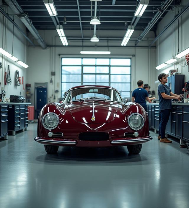 Interno dell'atelier Ombra Lucente con un'auto d'epoca in lavorazione